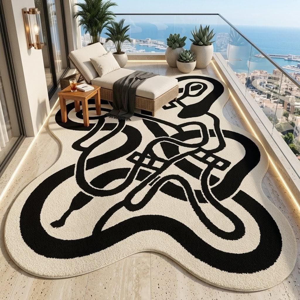 Irregular Abstract Area Rug, Black Cream Nordic Luxury Carpet, Designer Artistic Floor Rug - image 4