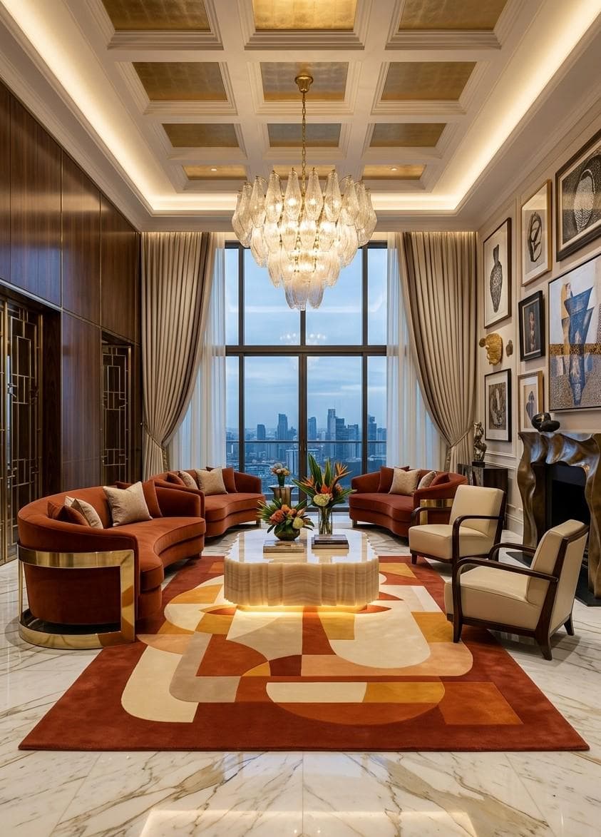 Geometric Abstract Area Rug, Orange Beige Mid Century Carpet, Modern Living Room Floor Carpet - image 5