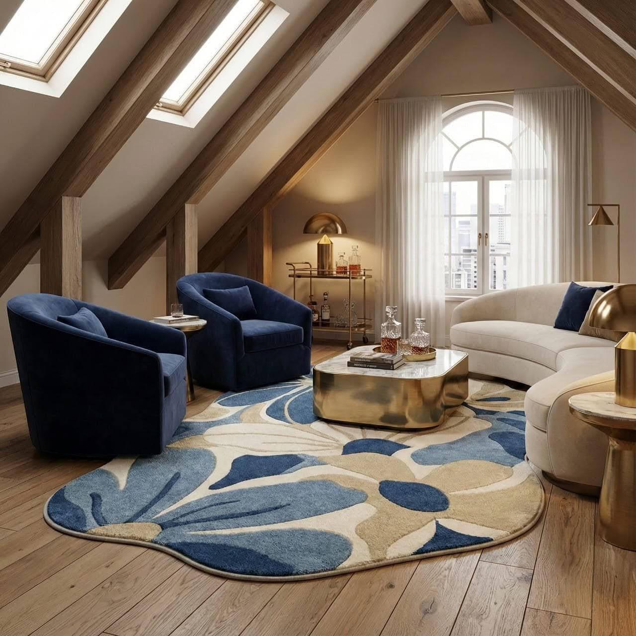 Blue Floral Area Rug, Handmade Abstract Tufted Carpet, Luxury Living Room Decor