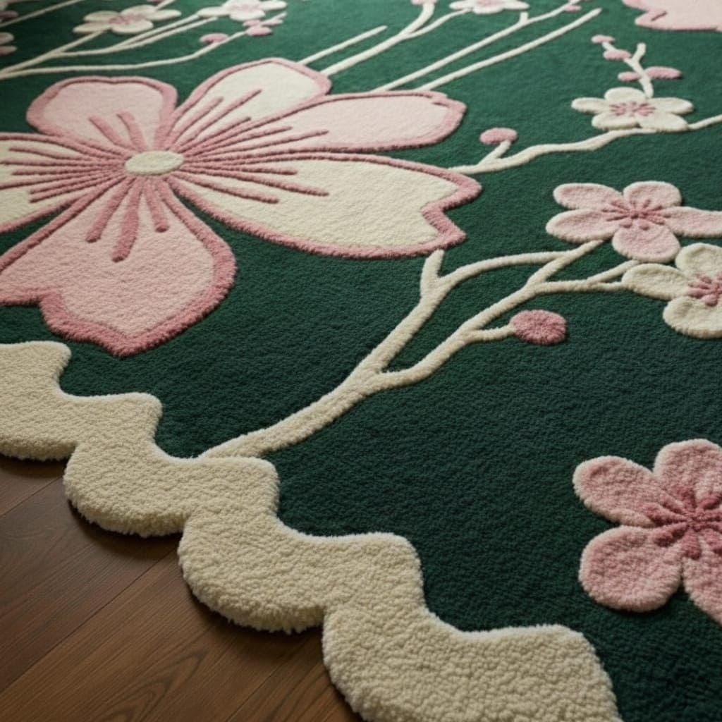 Floral Tufted Rug, Green Pink Botanical Carpet, Scalloped Edge Living Room Decor - image 3