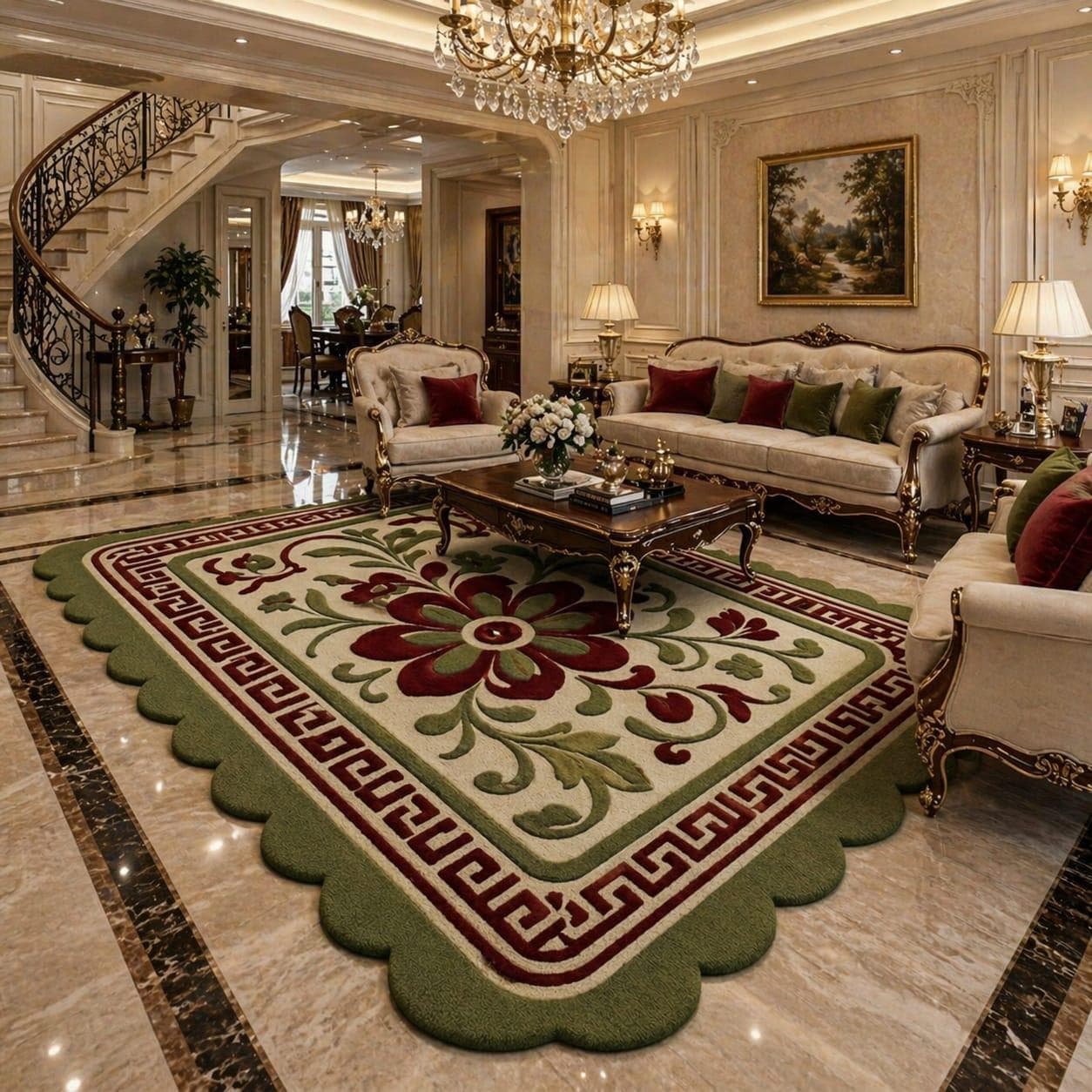Hand Tufted Floral Area Rug, Classic Vintage Living Room Carpet, Green Red Designer Decor