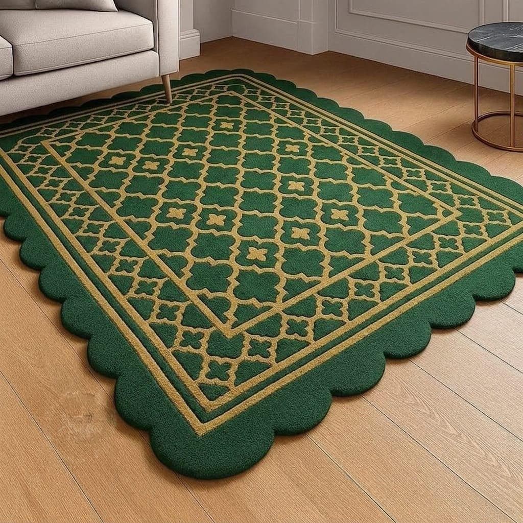 Green Geometric Moroccan Rug, Scalloped Edge Area Carpet, Luxury Bedroom Decor - image 3