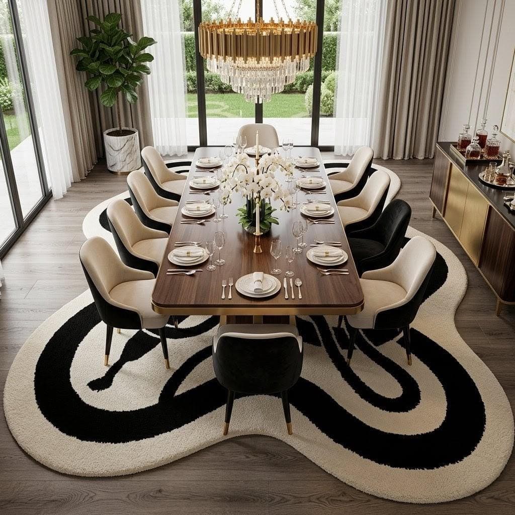 Irregular Abstract Area Rug, Black Cream Nordic Luxury Carpet, Designer Artistic Floor Rug - image 5
