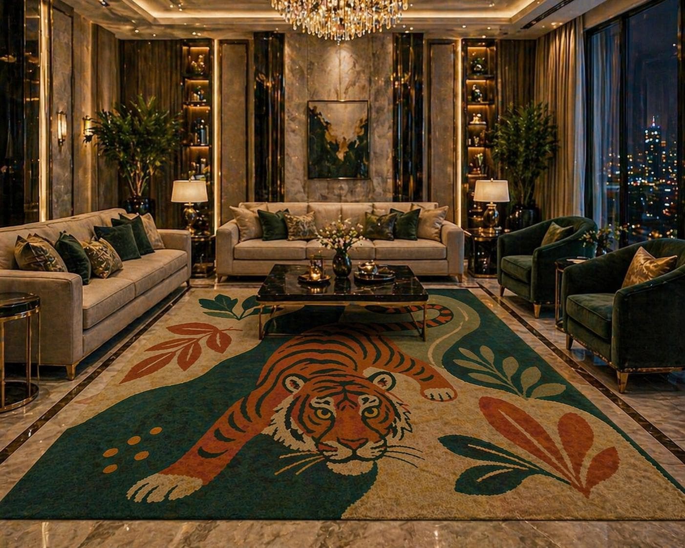 Tiger Jungle Area Rug, Botanical Animal Carpet, Modern Boho Living Room Floor Decor