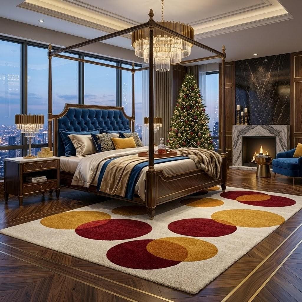 Modern Abstract Circle Area Rug, Geometric Living Room Carpet, Red Gold Designer Floor Rug - image 5