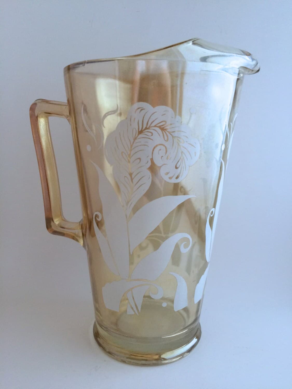 Vintage Deco Pitcher in Jeannette Glass. Lemonade, Beverage Container.  MCM  Bar Cart. Iridescent Peach Iris and Feather Design. - image 3