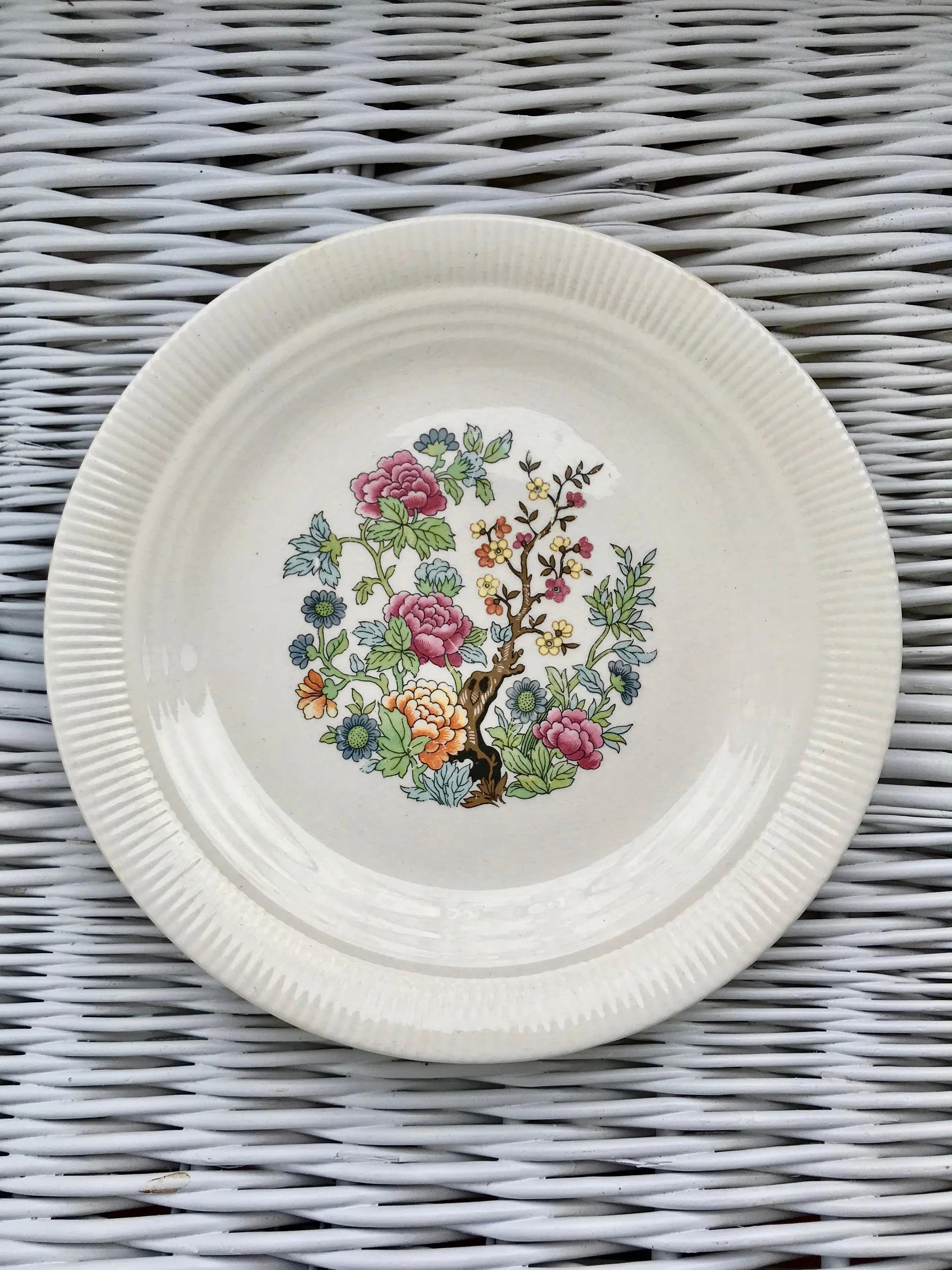 Dinner Plate with Indian Tree Pattern by Salem, Made in USA, 9-inch China Plate, Ceramic Plate with Asian Motif of Flowers