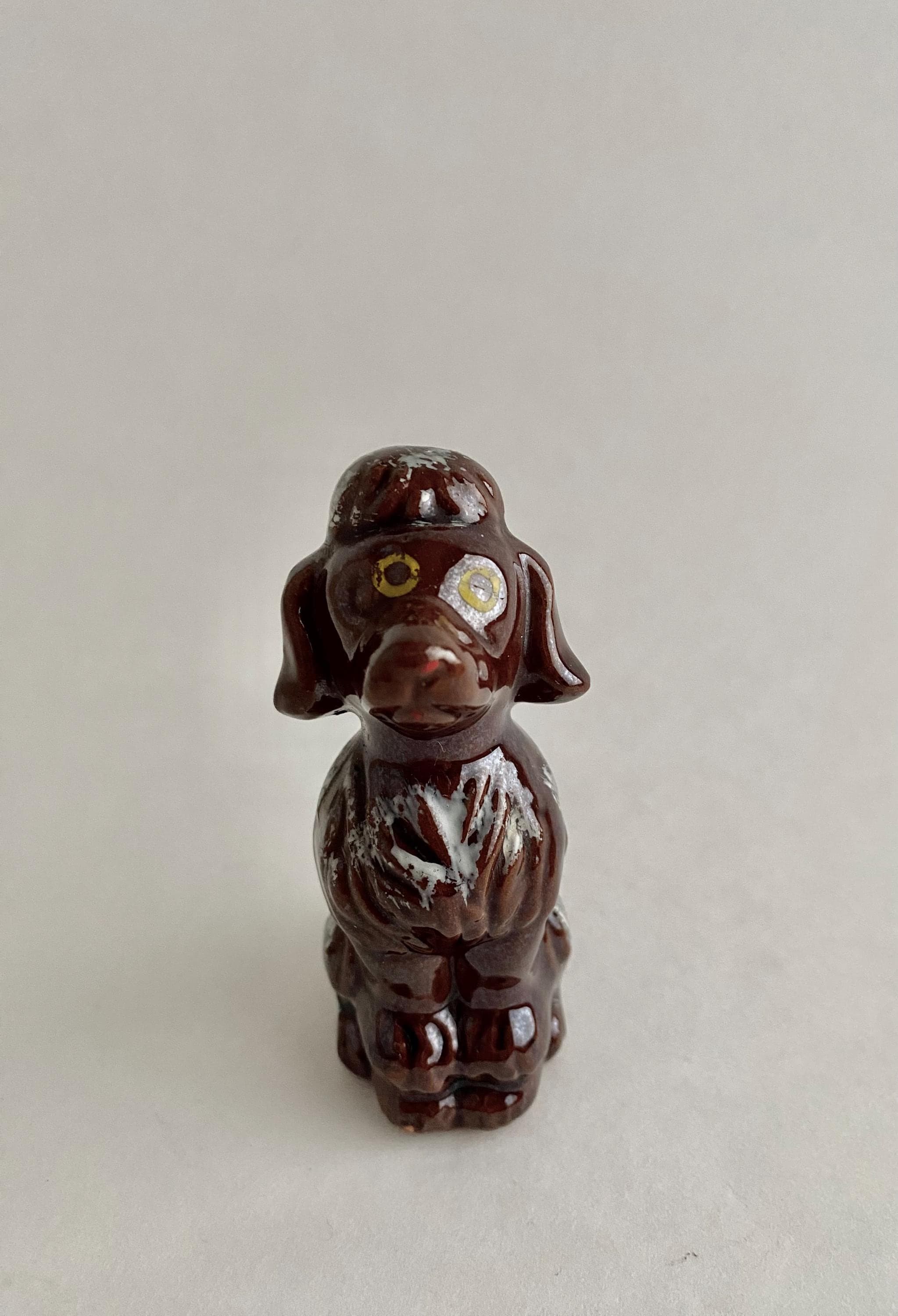 Poodle Dog Figurine in Brown and White Ceramic. MCM Miniature Knick-knack, Collector's Japanese Redware