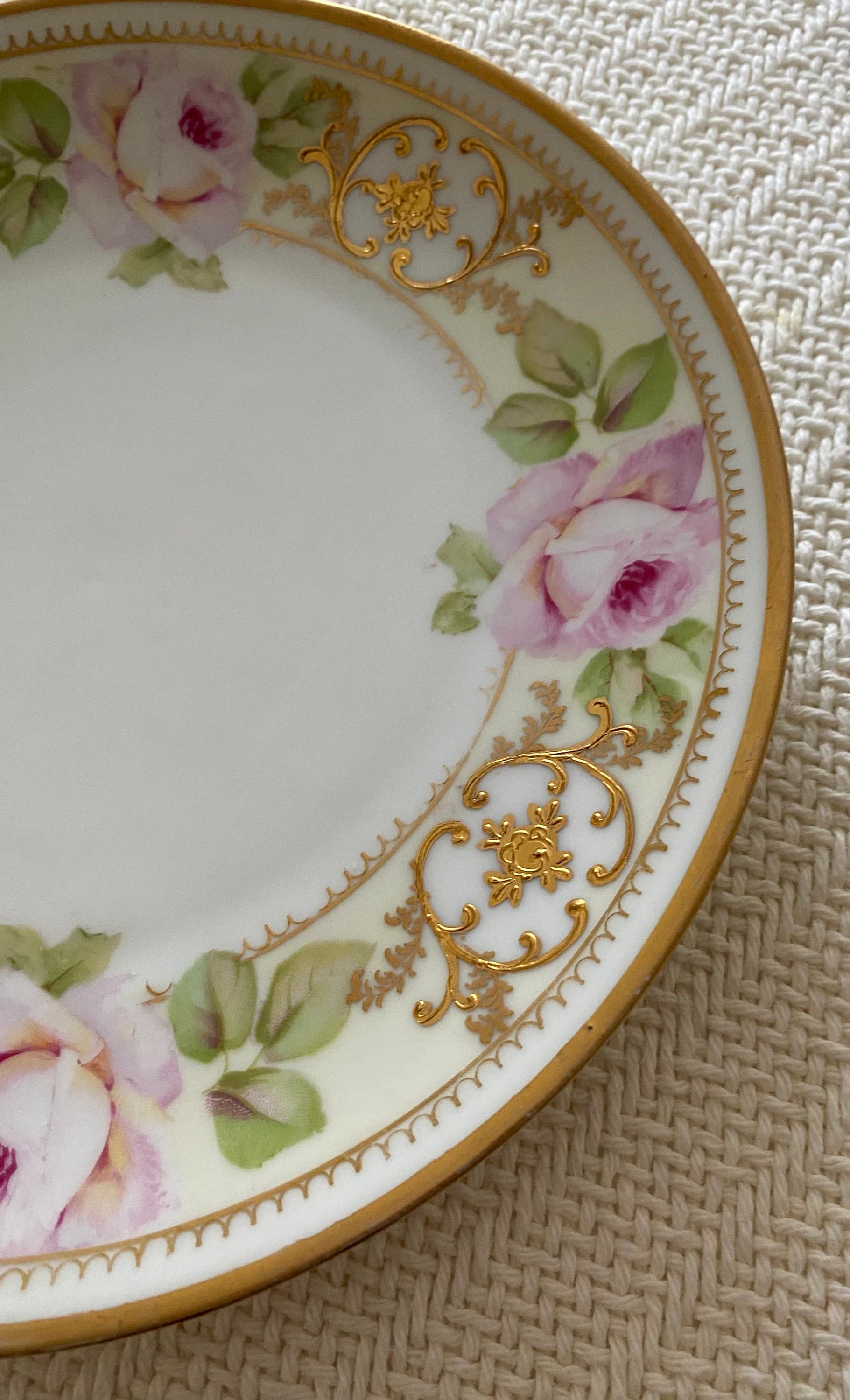 Vintage Prussian China Plate with Pink Roses and Gold Leaf. Porcelain Hand Painted Dish. 8.5" Like New. 8.5" - image 5