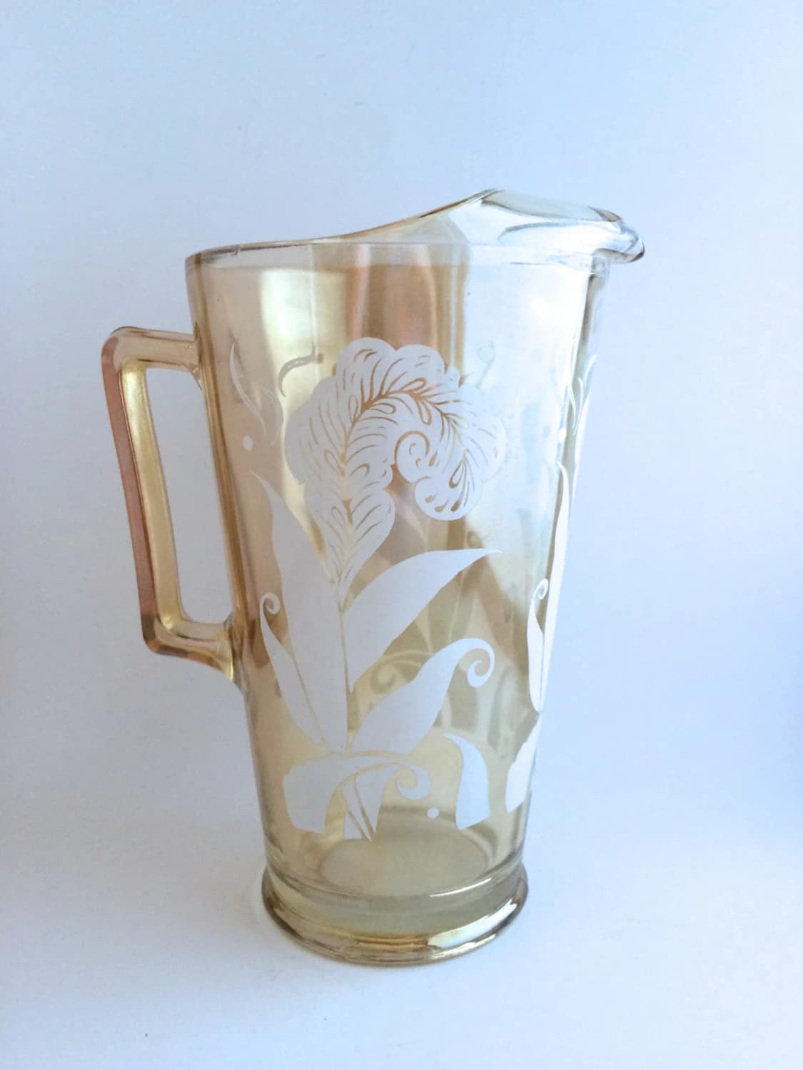 Vintage Deco Pitcher in Jeannette Glass. Lemonade, Beverage Container.  MCM  Bar Cart. Iridescent Peach Iris and Feather Design. - image 4