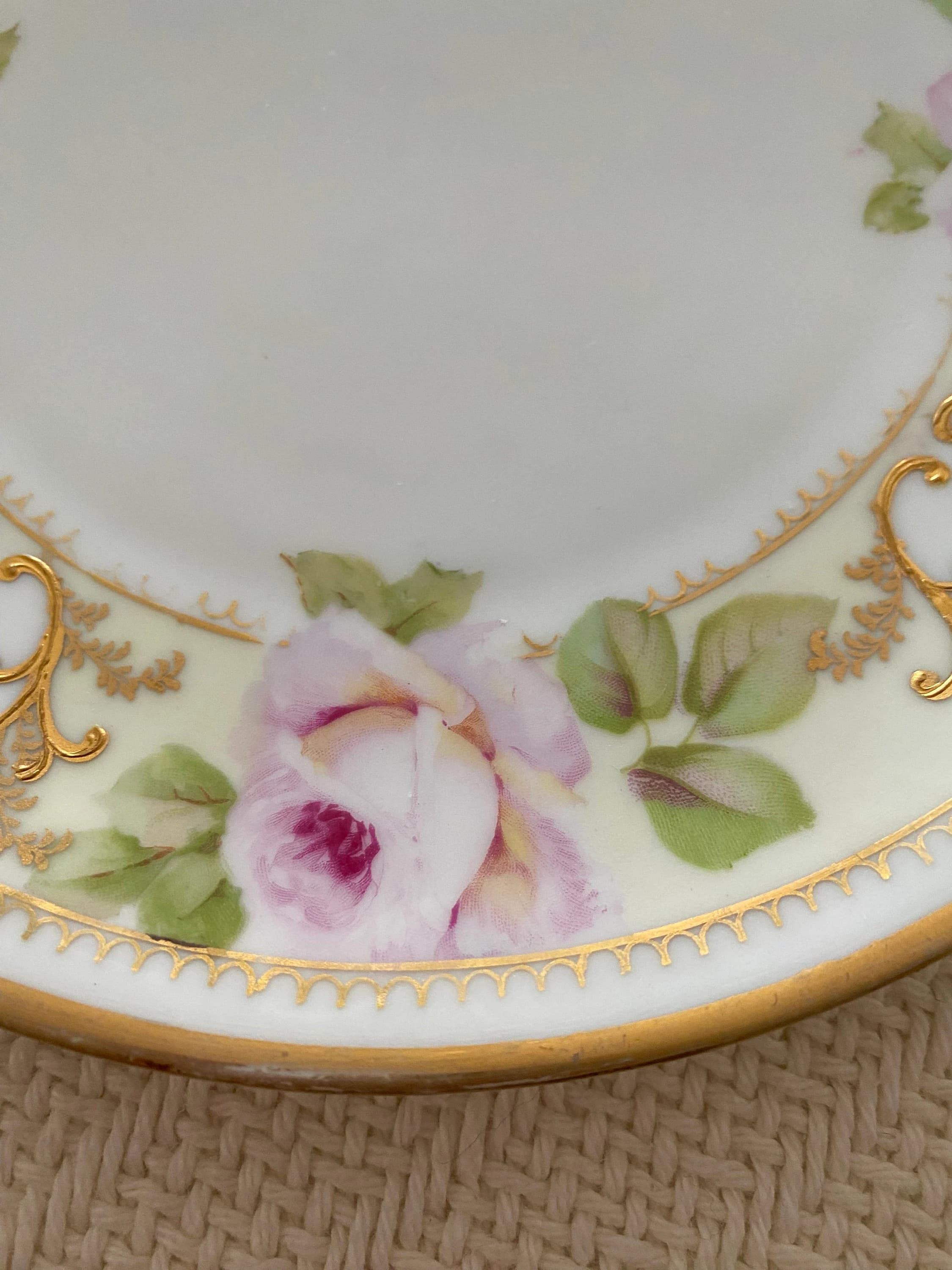 Vintage Prussian China Plate with Pink Roses and Gold Leaf. Porcelain Hand Painted Dish. 8.5" Like New. 8.5" - image 4