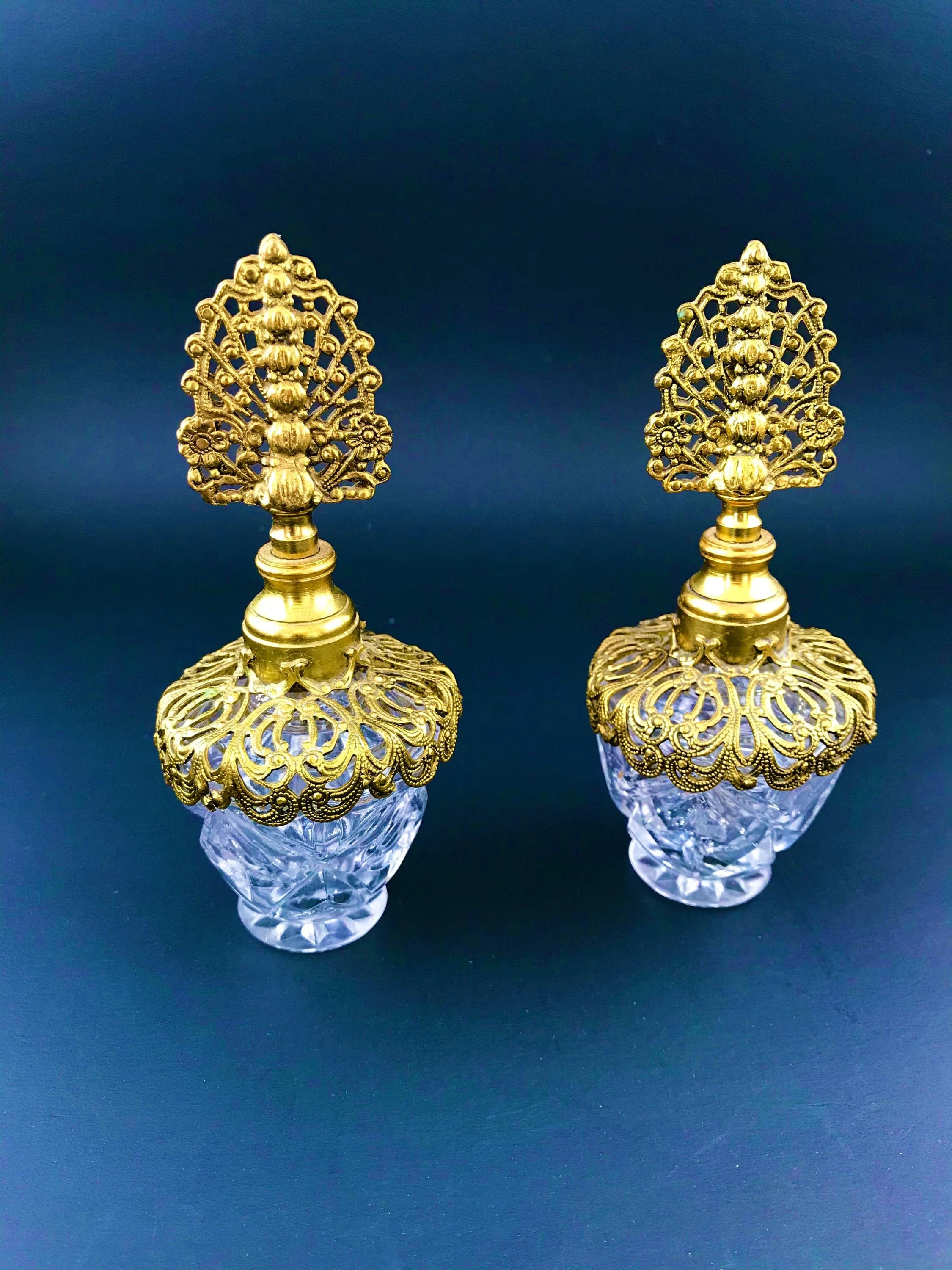 Vintage Perfume Bottles. Cut Glass, Brass Decanters. Ormolu Toppers. Ornate Crystal Vanity Set. Stunning Ladies' Vanity Set. Christmas Gift.
