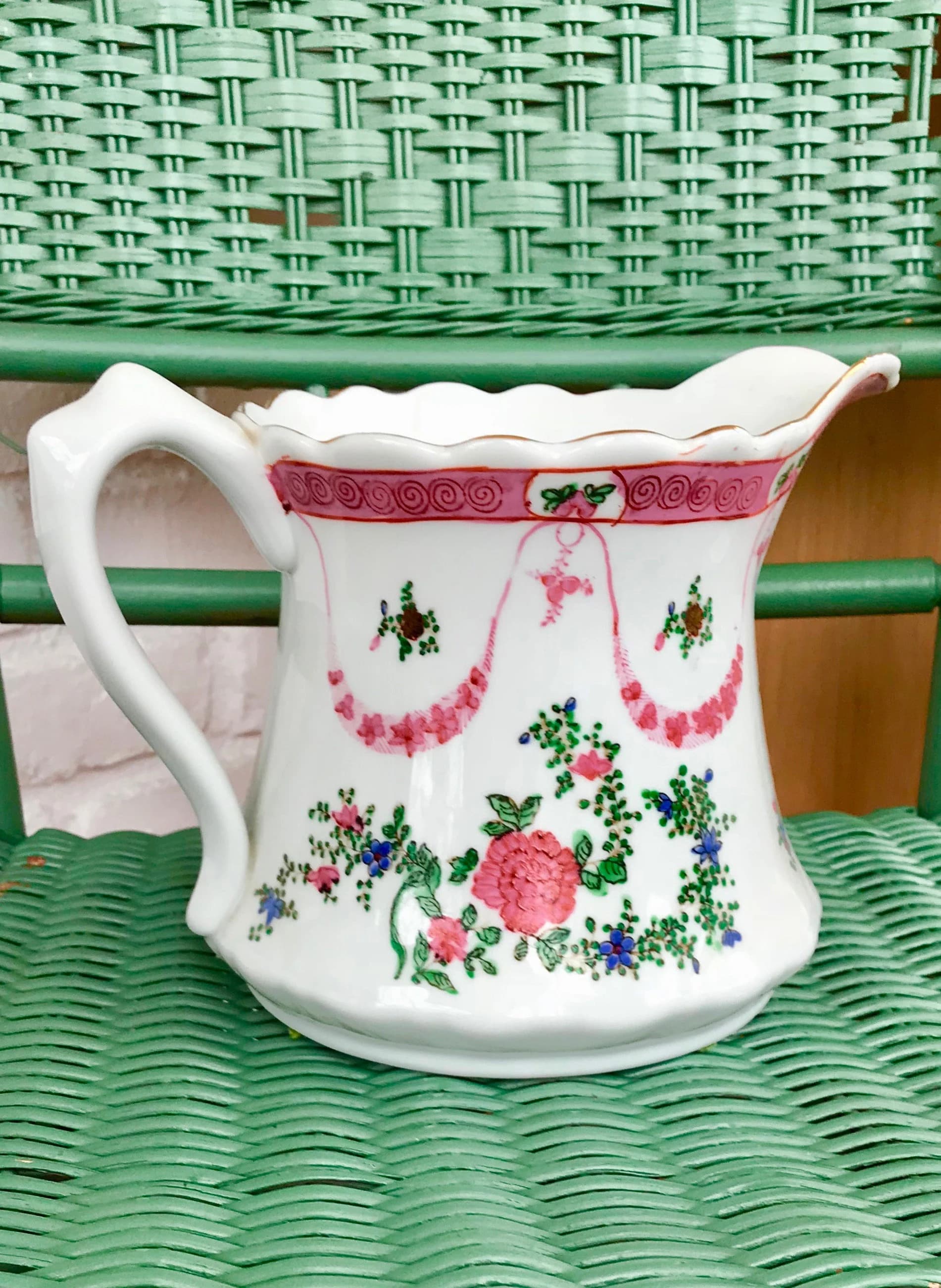 Vintage Ceramic Pitcher.  Asian Vase. Porcelain Vanity Jar. Japanese Ware. Hand-Painted in Hong Kong. Floral Design. Christmas Gift.
