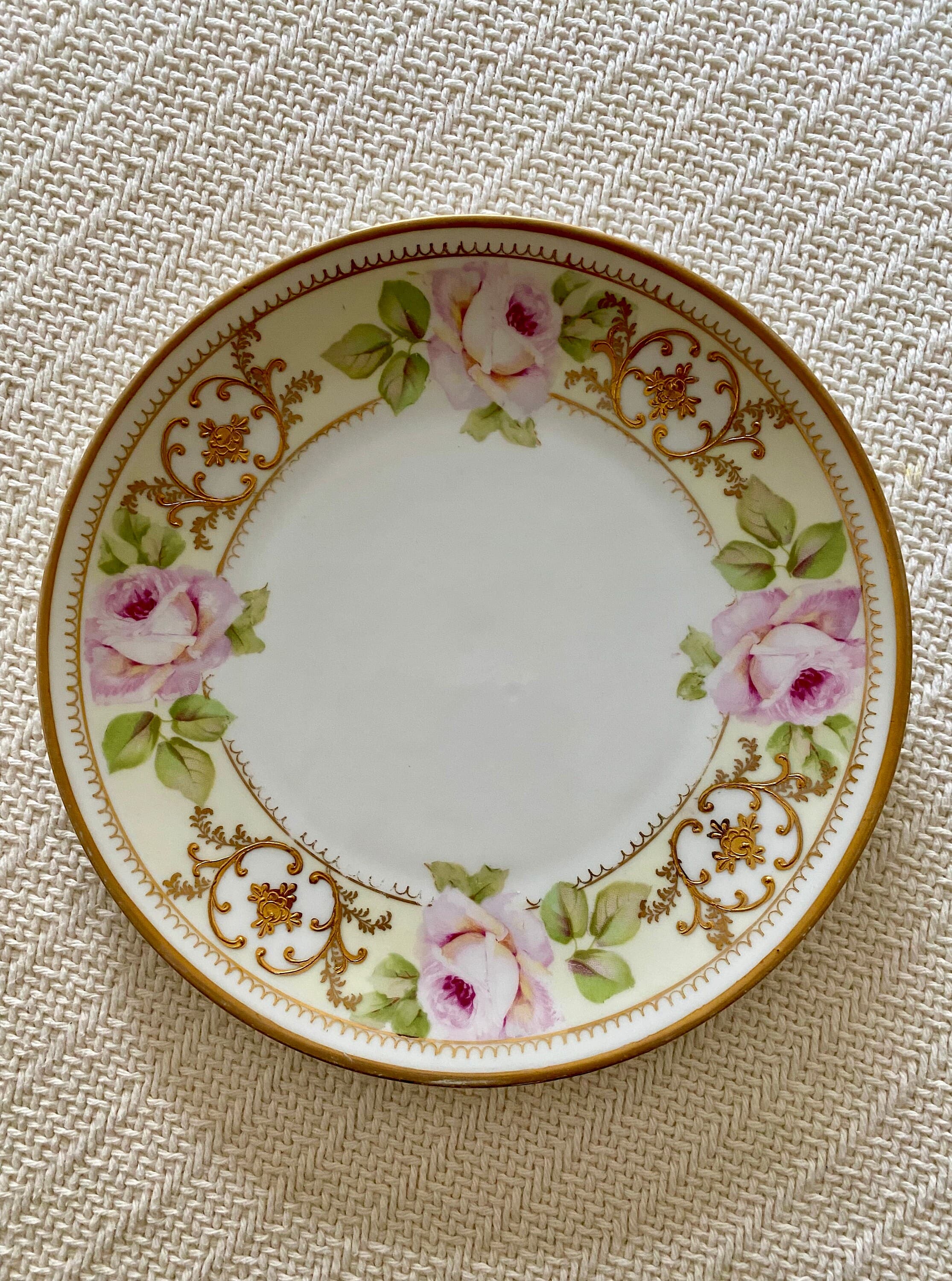 Vintage Prussian China Plate with Pink Roses and Gold Leaf. Porcelain Hand Painted Dish. 8.5" Like New. 8.5" - image 3