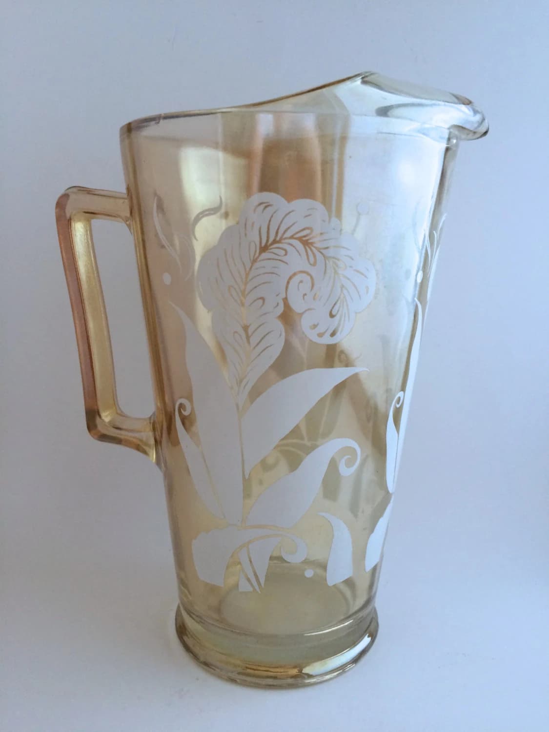 Vintage Deco Pitcher in Jeannette Glass. Lemonade, Beverage Container.  MCM  Bar Cart. Iridescent Peach Iris and Feather Design. - image 5