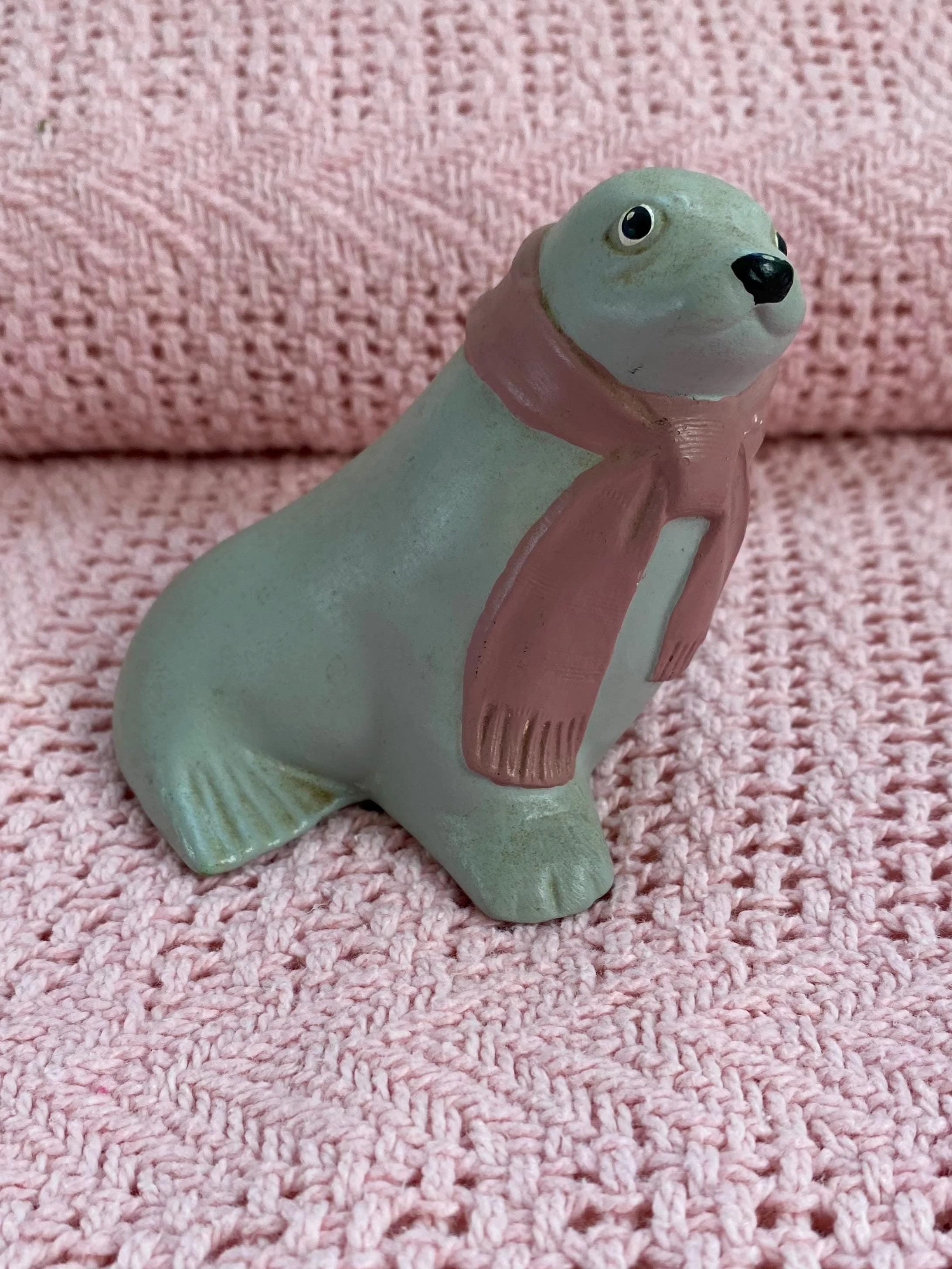 Vintage Ceramic Seal Wearing a Pink Scarf. Gray Seal Figurine for Christmas. Charming Statue. Holiday Toy.