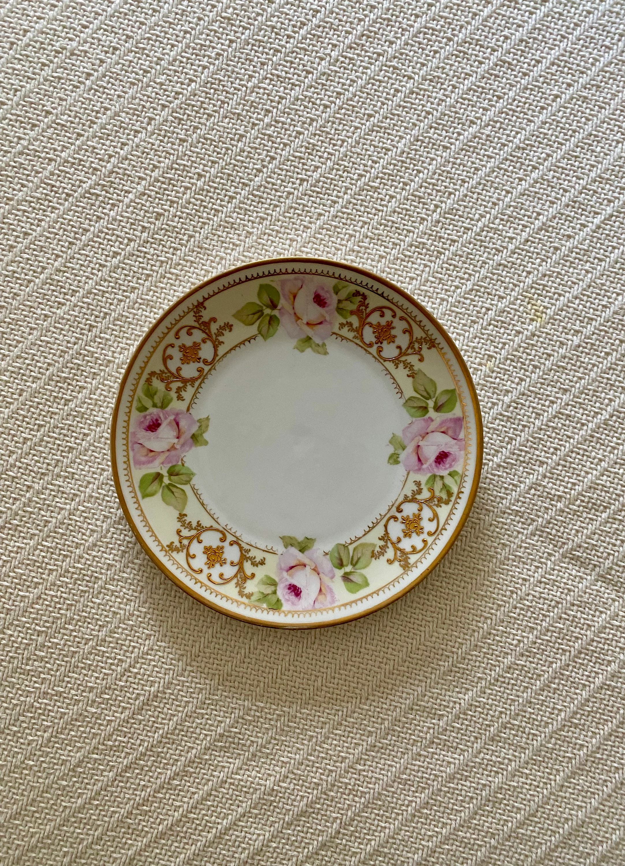 Vintage Prussian China Plate with Pink Roses and Gold Leaf. Porcelain Hand Painted Dish. 8.5" Like New. 8.5"