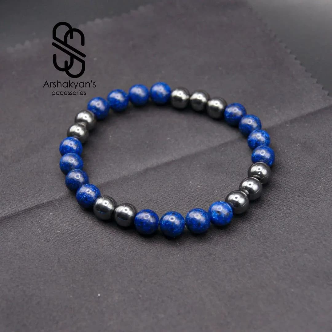 Handmade Lapis Lazuli & Hematite Beaded Bracelet, Natural Gemstone Jewelry