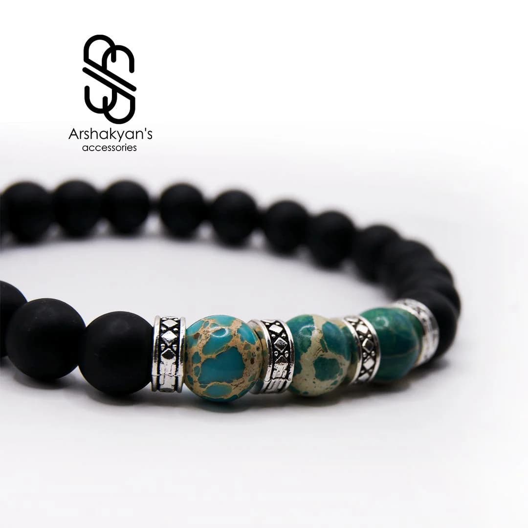 Matte Black Onyx & Ocean Jasper Bracelet, Men's Boho Beaded Jewelry (Stretch) - image 5