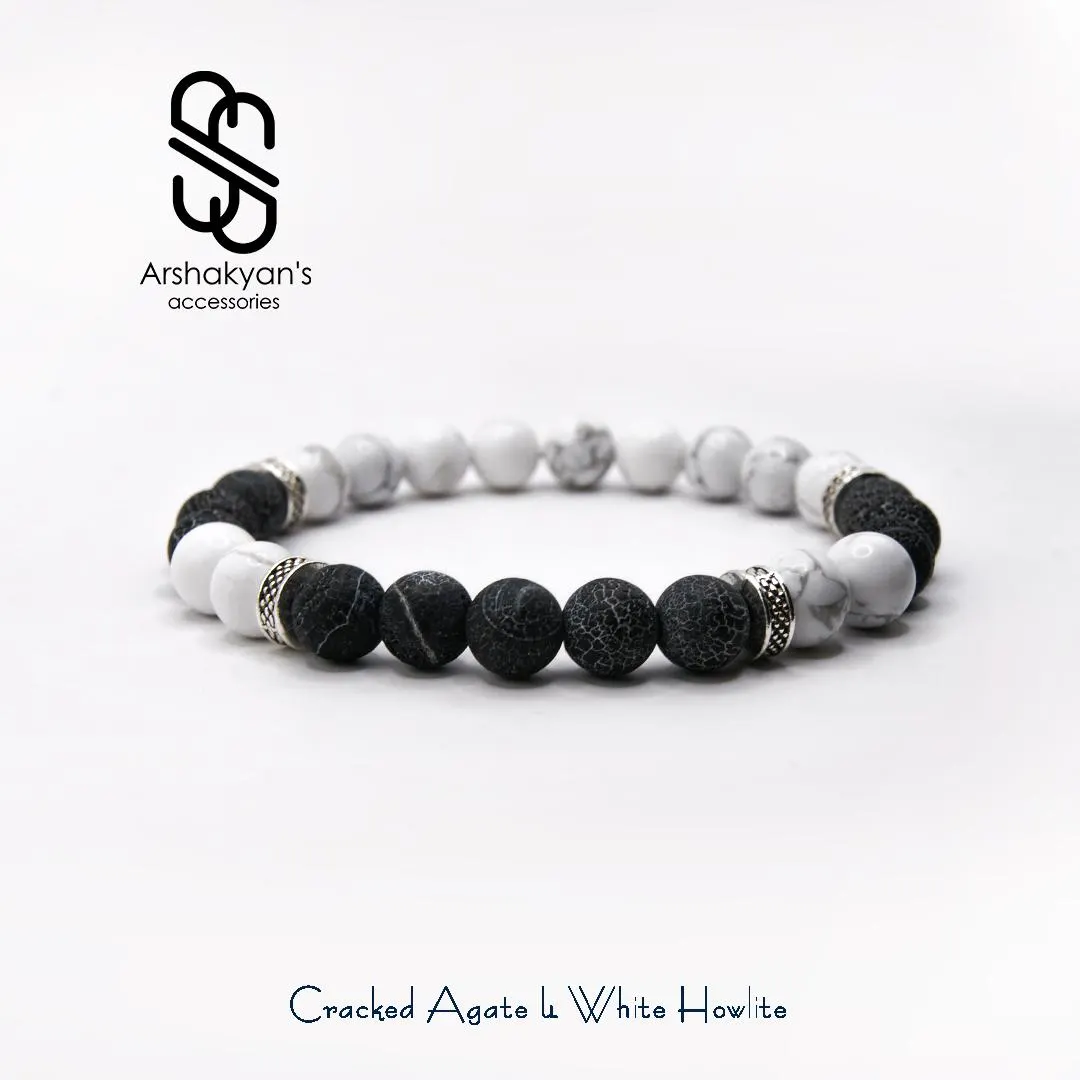 Cracked Agate & White Howlite Bracelet, Silver Accent Beads, Stretch Design