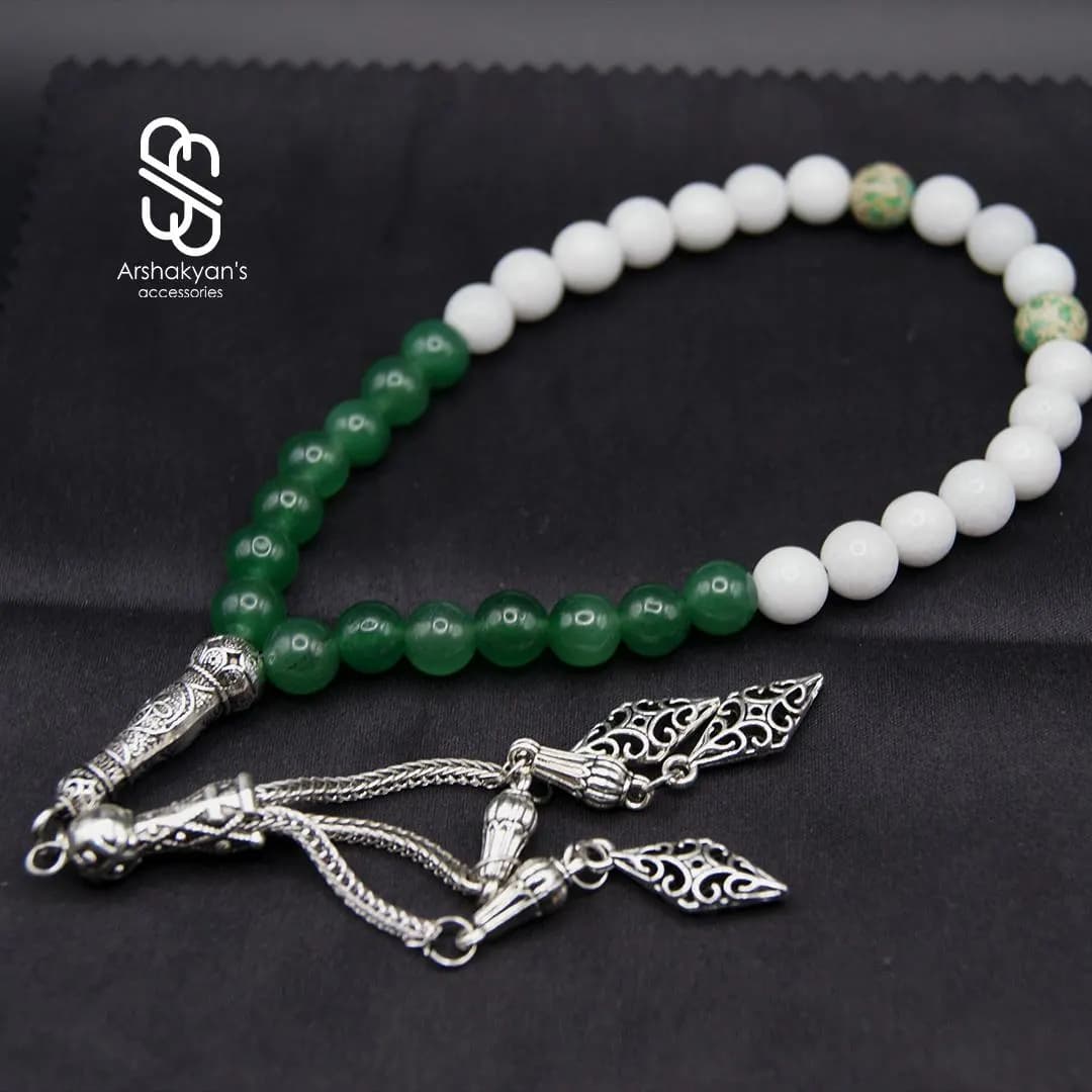 Green White Gemstone Tasbih, 33 Bead Misbaha, Islamic Prayer Beads, Silver Tone Tassel - image 4