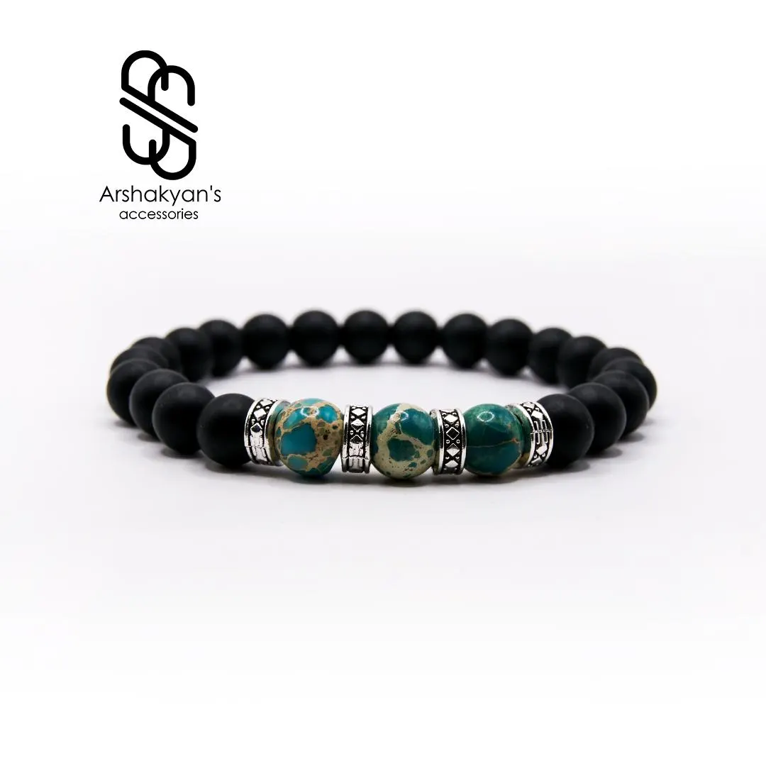 Matte Black Onyx & Ocean Jasper Bracelet, Men's Boho Beaded Jewelry (Stretch)