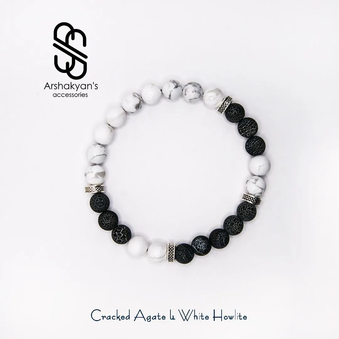 Cracked Agate & White Howlite Bracelet, Silver Accent Beads, Stretch Design - image 3