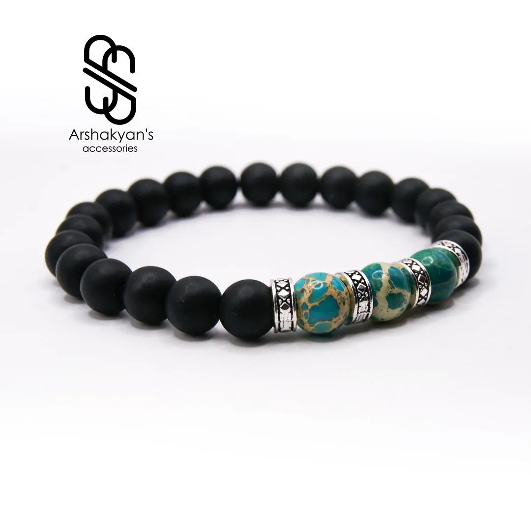 Matte Black Onyx & Ocean Jasper Bracelet, Men's Boho Beaded Jewelry (Stretch) - image 3