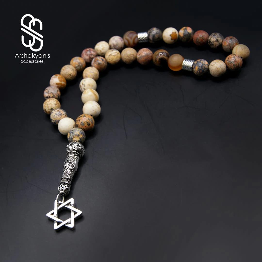 Natural Picture Jasper Tasbih, Star of David Prayer Beads, Handmade Gemstone Misbaha