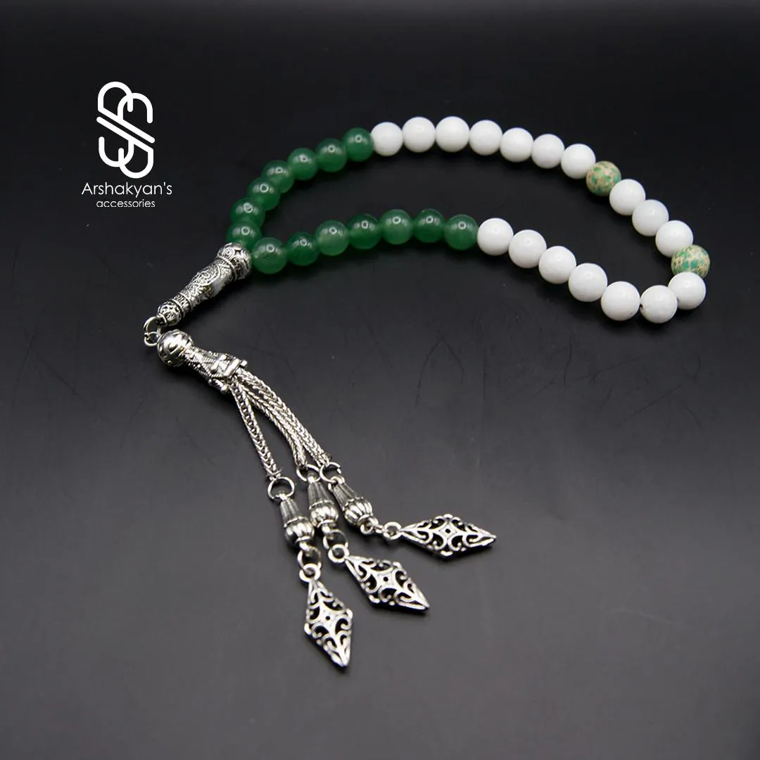 Green White Gemstone Tasbih, 33 Bead Misbaha, Islamic Prayer Beads, Silver Tone Tassel