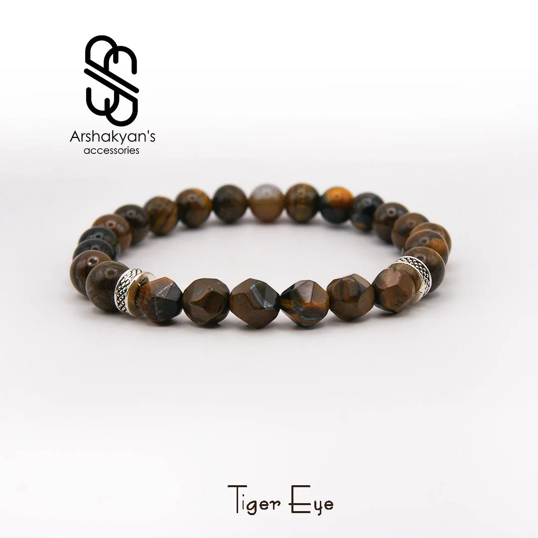 Tiger Eye Beaded Bracelet, Faceted Gemstone, Silver-Tone Accents, Handmade Bracelet,