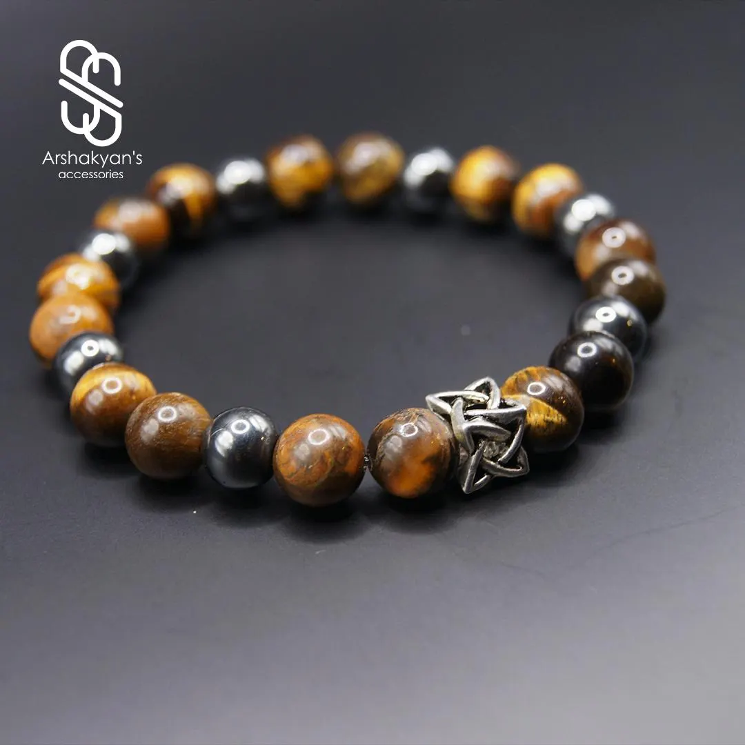 Tiger Eye Hematite Beaded Bracelet, Strength Protection Style, Unisex Stretch Jewelry, gift for Him