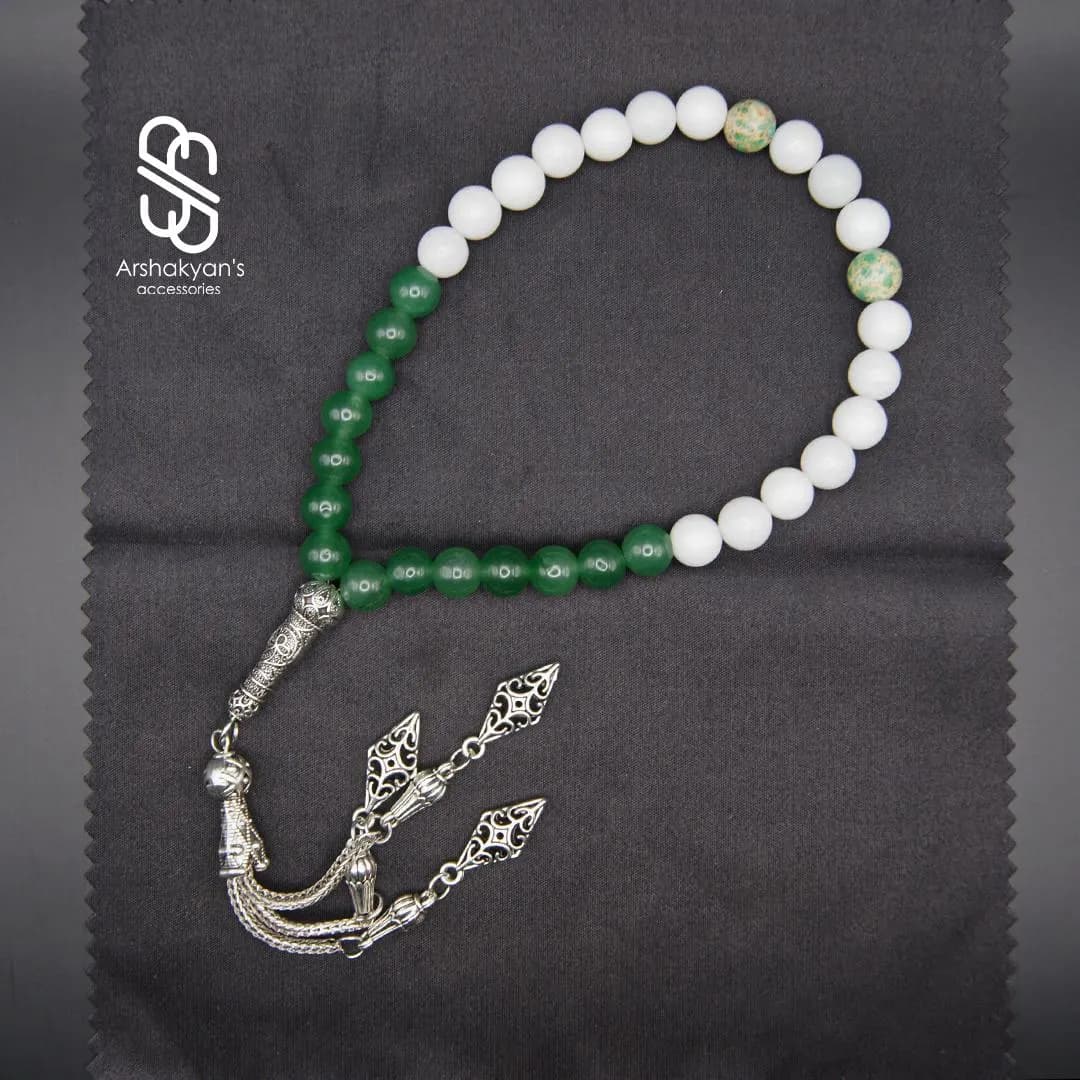 Green White Gemstone Tasbih, 33 Bead Misbaha, Islamic Prayer Beads, Silver Tone Tassel - image 5