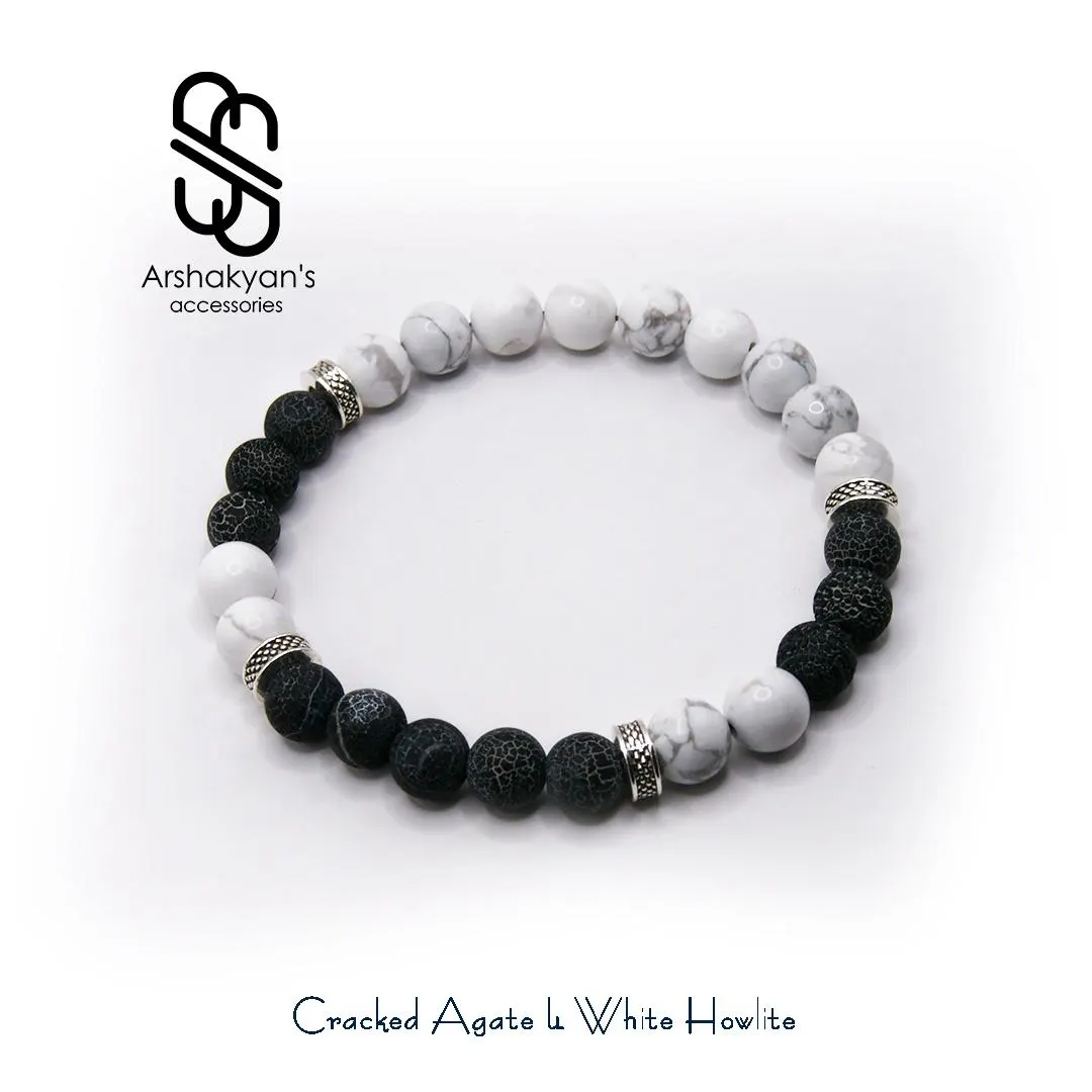Cracked Agate & White Howlite Bracelet, Silver Accent Beads, Stretch Design - image 5