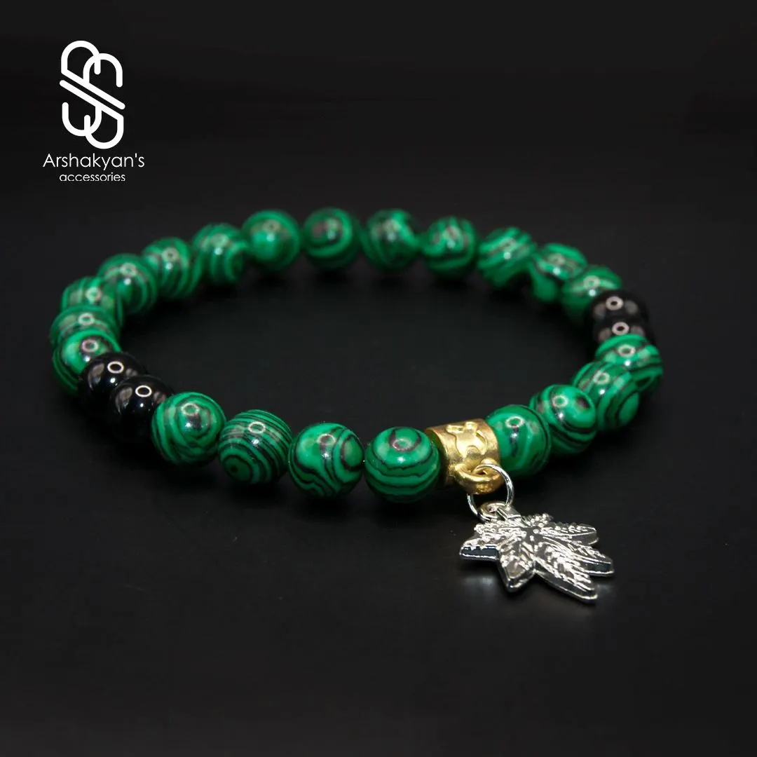 Malachite Beaded Bracelet with Gold Accent and Silver Maple Leaf Charm - image 3
