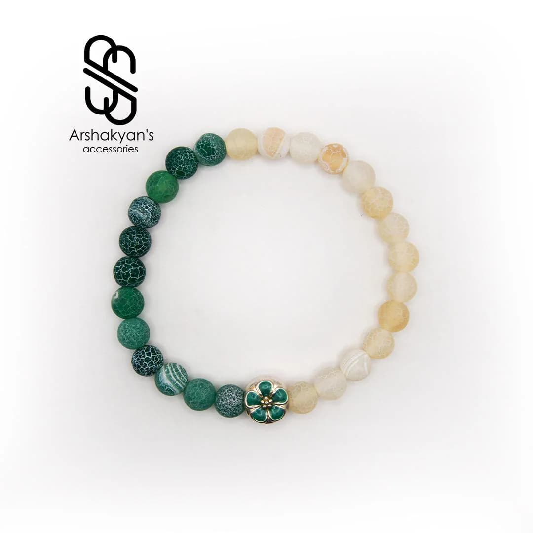 Handmade Green Cream Agate Bracelet, Clover Charm, Natural Gemstone Beads - image 4