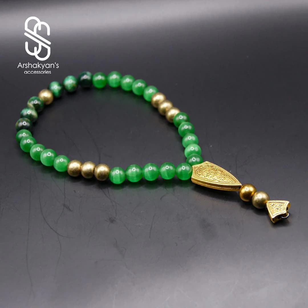 Green Tasbih Prayer Beads, Gold Accents, 33 Bead Misbaha, Islamic Rosary