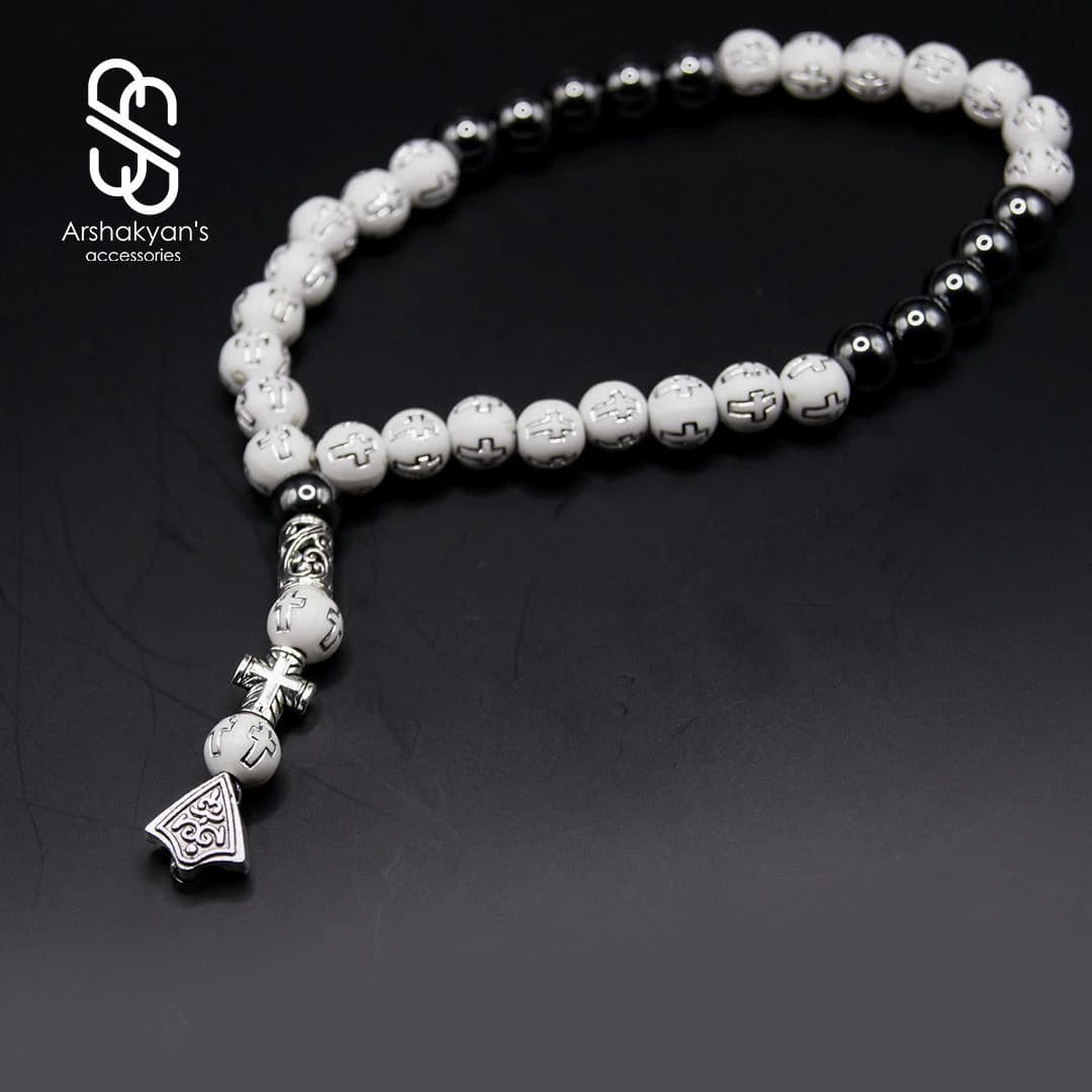 Christian Prayer Beads Bracelet, White Engraved Cross Tasbih, Spiritual Jewelry, Unisex Religious Accessory