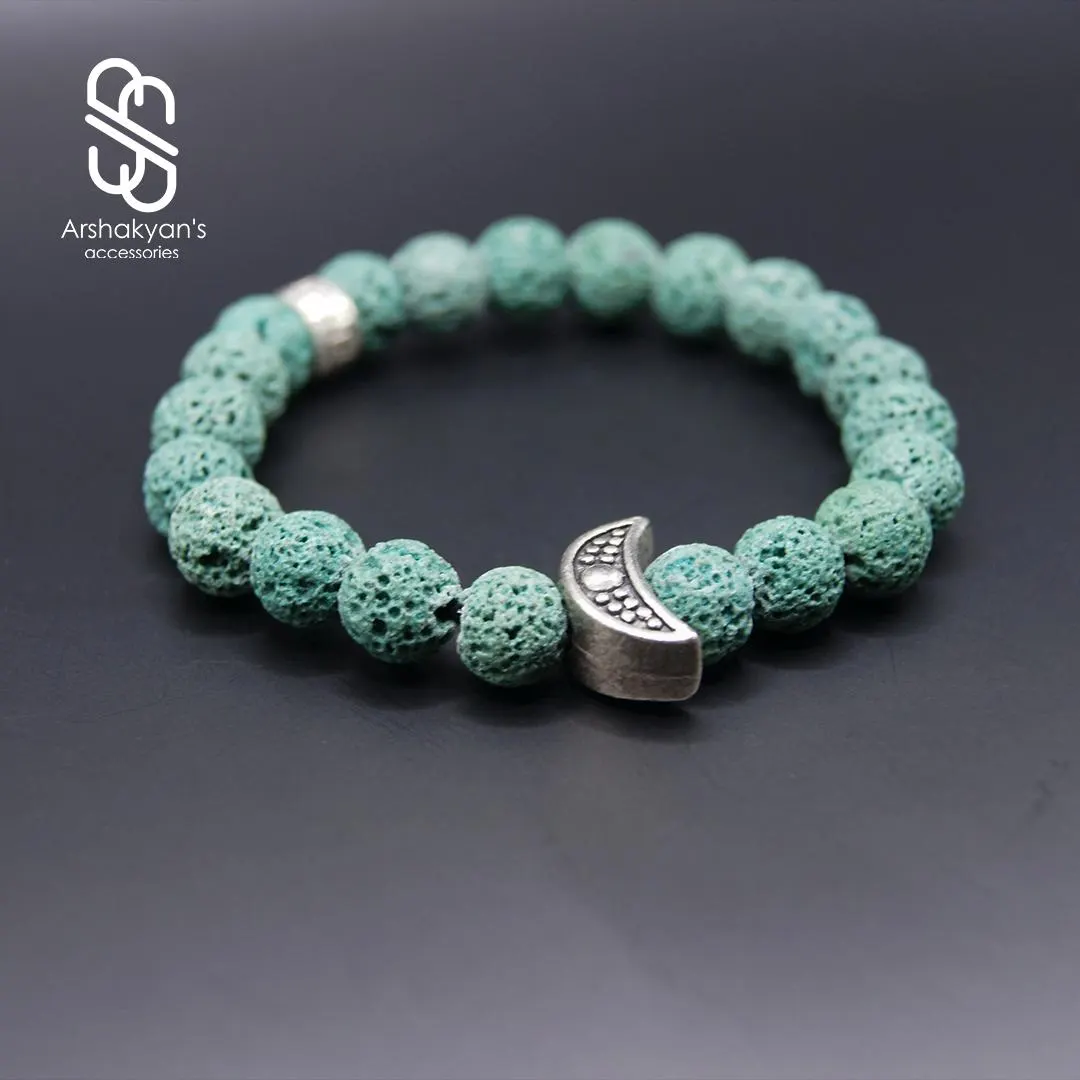Turquoise Lava Stone Bracelet | Silver Crescent Moon Charm, Boho Aromatherapy Jewelry