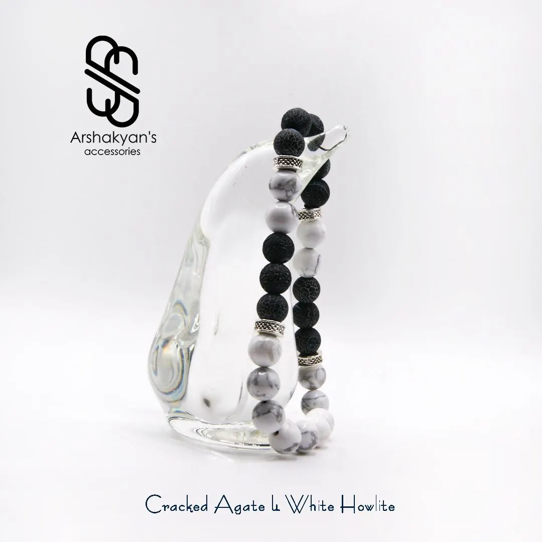 Cracked Agate & White Howlite Bracelet, Silver Accent Beads, Stretch Design - image 4