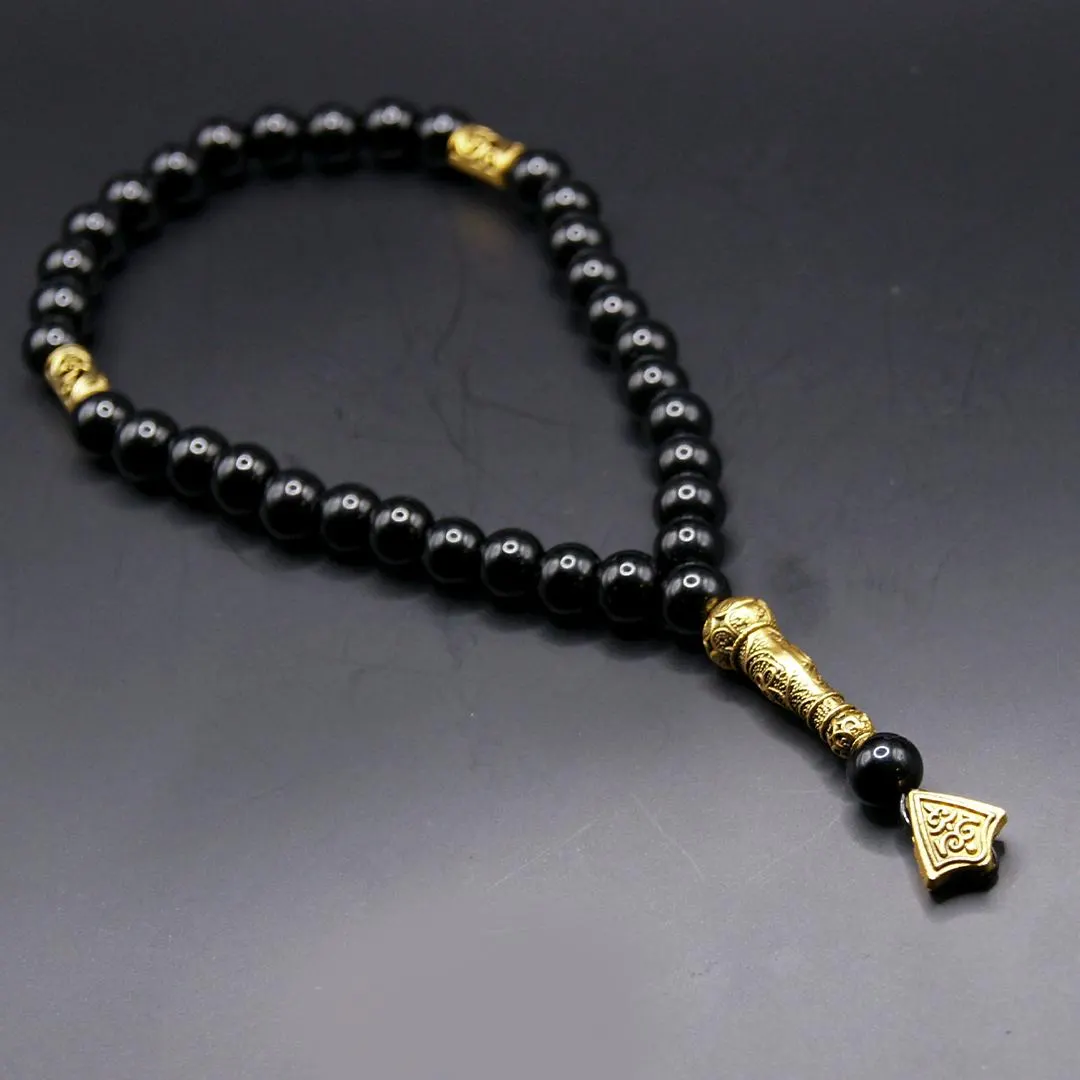 Black Onyx Prayer Beads Tesbih – 33 Bead Islamic Misbaha with Gold Accents