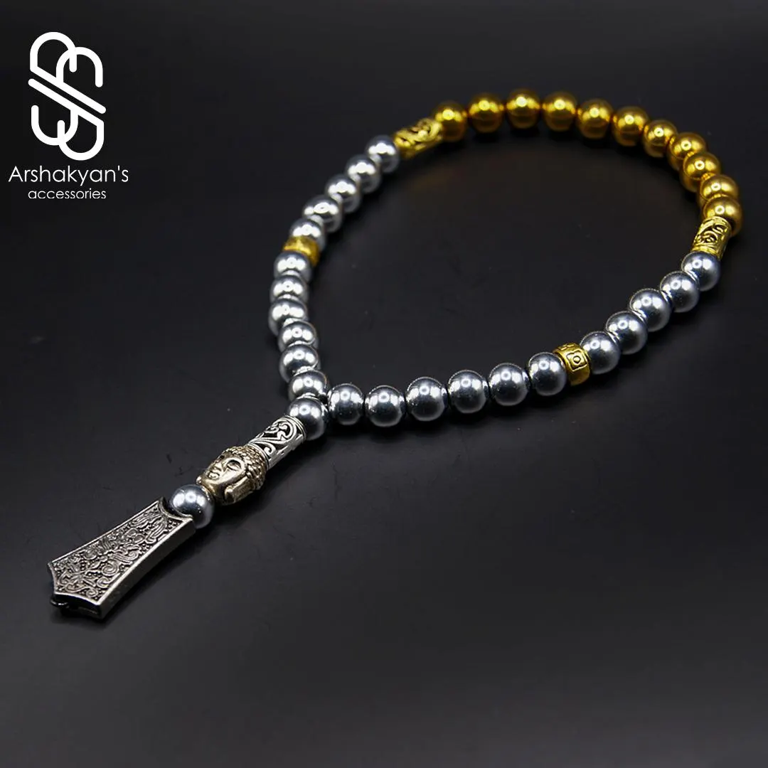 Tasbih - Prayer Beads - Silver Gold Tone Metal – 33 Bead Elastic Misbaha