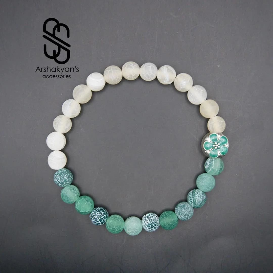 Handmade Green Cream Agate Bracelet, Clover Charm, Natural Gemstone Beads