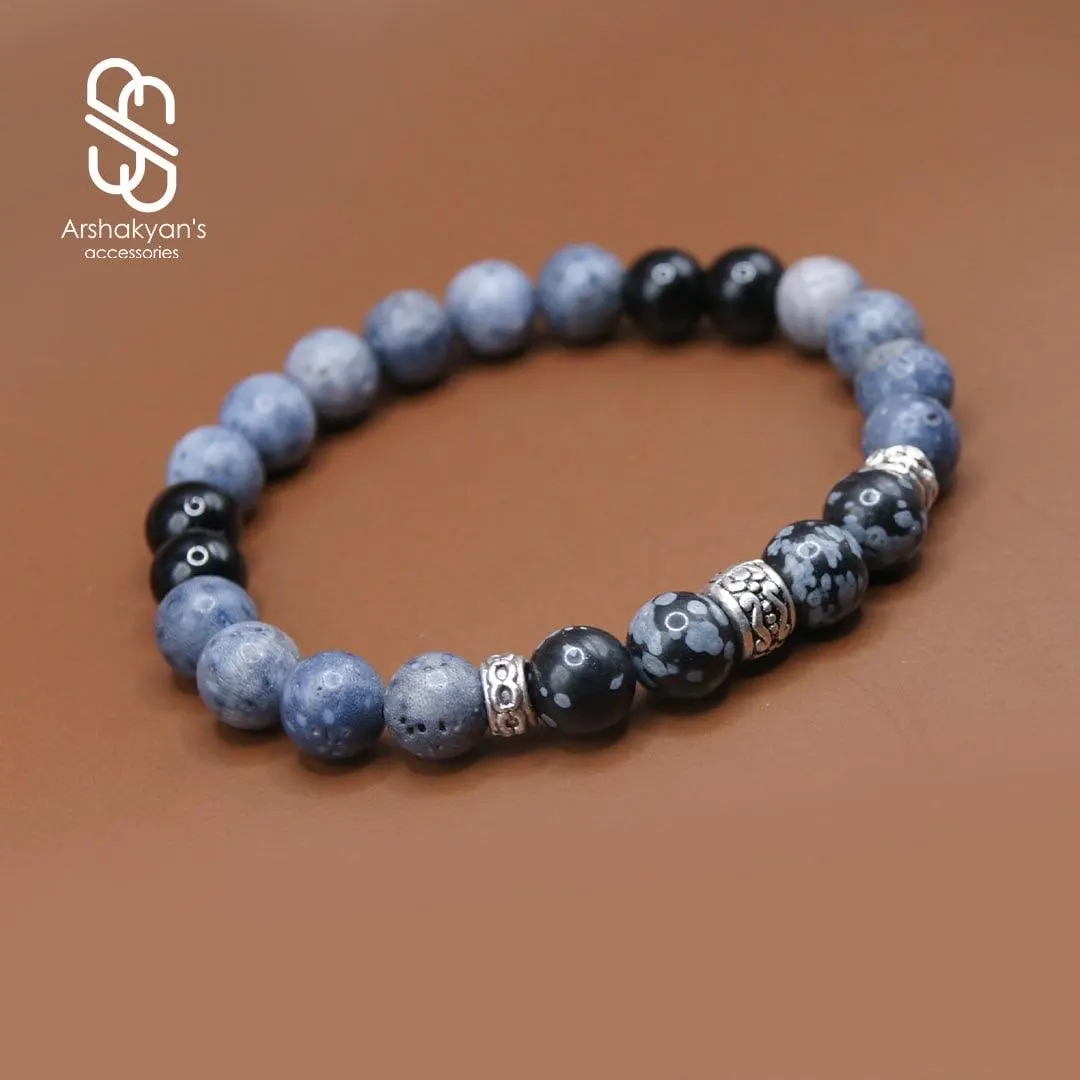 Handmade Snowflake Obsidian Beaded Bracelet – Natural Stone Accessory