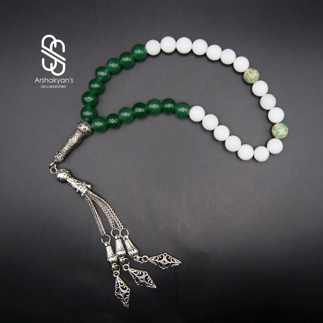 Green White Gemstone Tasbih, 33 Bead Misbaha, Islamic Prayer Beads, Silver Tone Tassel - image 3