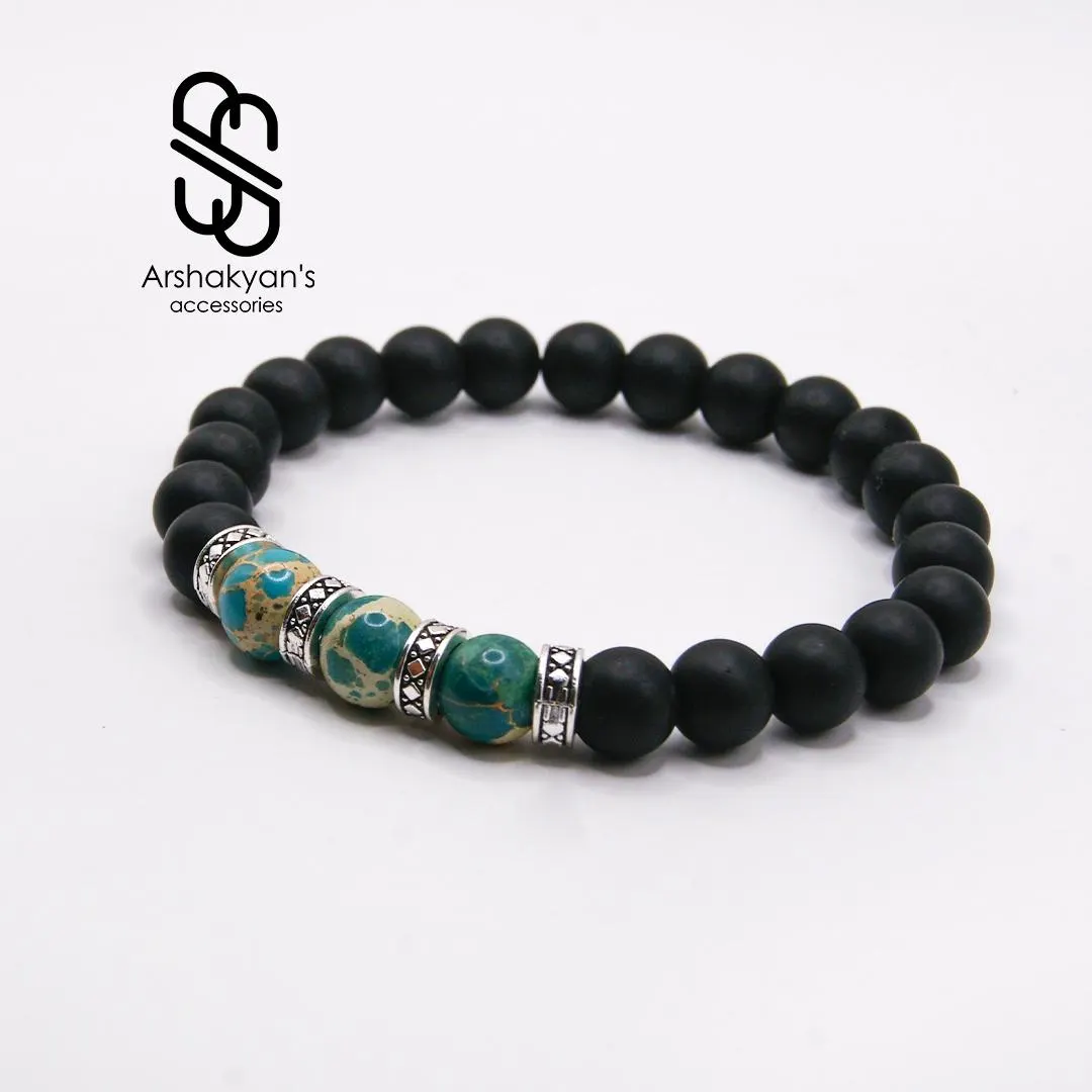 Matte Black Onyx & Ocean Jasper Bracelet, Men's Boho Beaded Jewelry (Stretch) - image 2