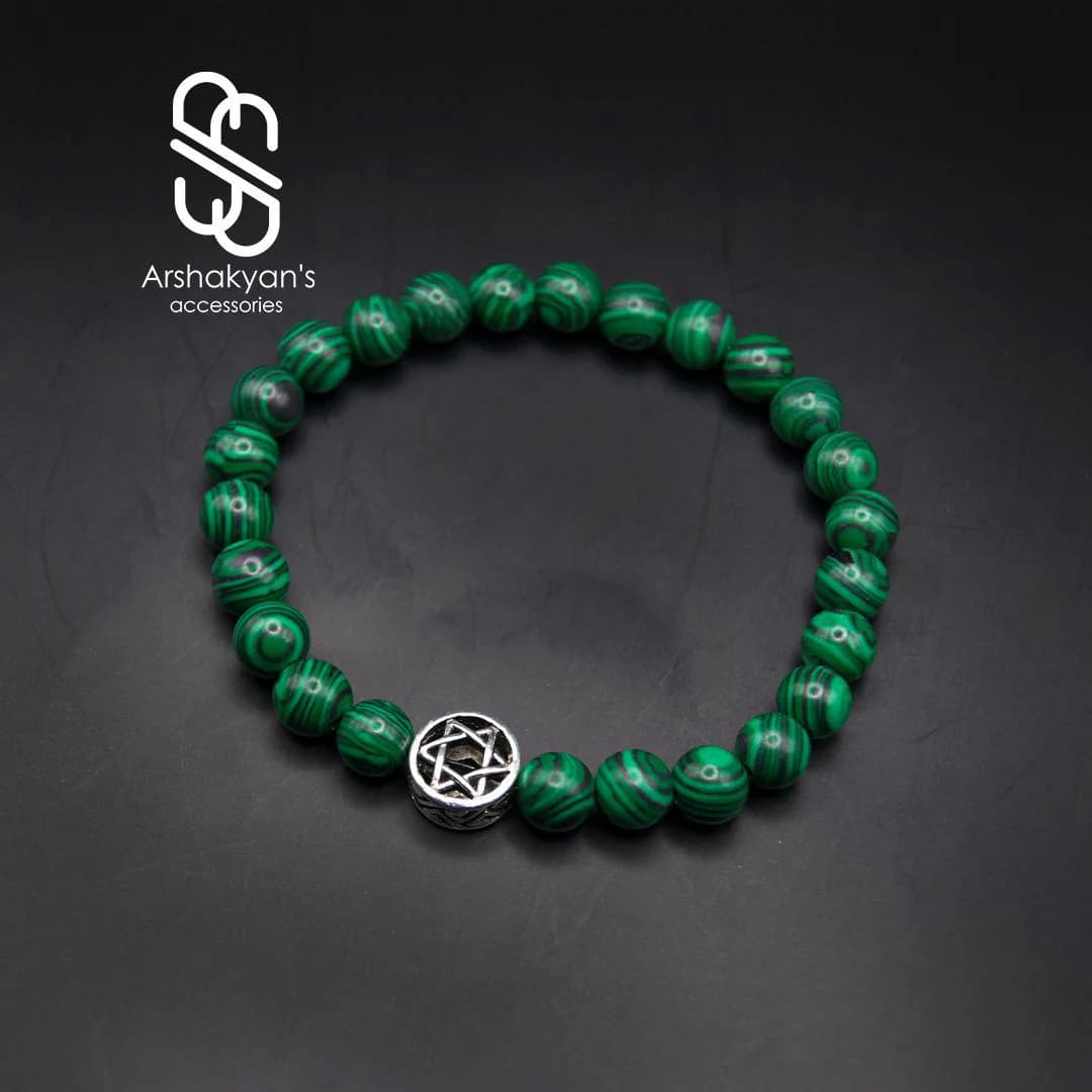 Green Malachite Beaded Bracelet, Silver Tone Star of David Charm, Natural Gemstone Stretch Jewelry