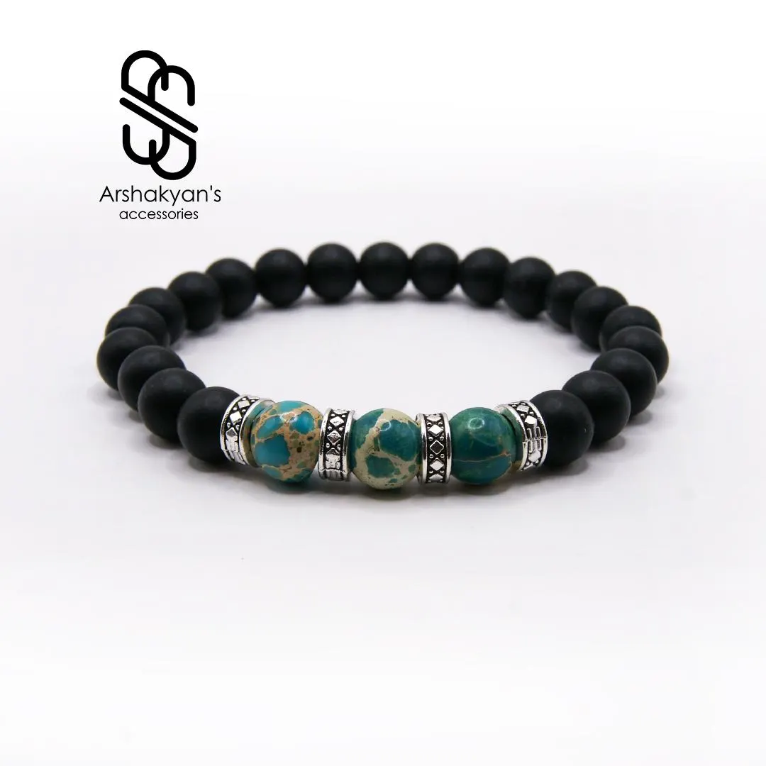 Matte Black Onyx & Ocean Jasper Bracelet, Men's Boho Beaded Jewelry (Stretch) - image 4