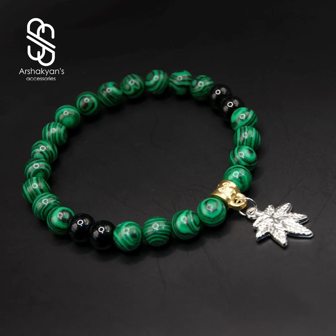 Malachite Beaded Bracelet with Gold Accent and Silver Maple Leaf Charm