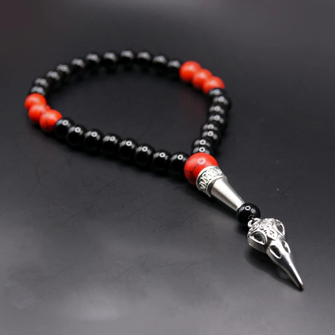 Black Red Tasbih Prayer Beads | Skull Charm 33 Bead Misbaha Dhikr Counter